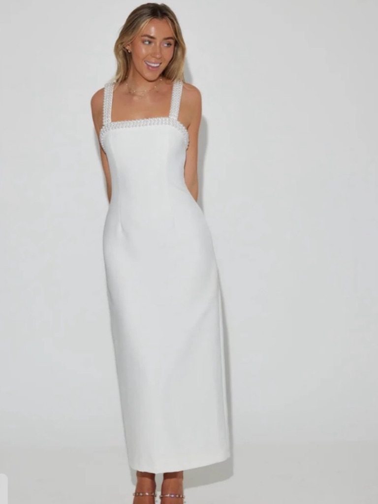 Nwt Odd Muse White Midi Dress With Square Neck And Wide Straps With Pearls